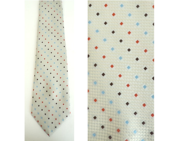 60s White Geometric Print Wide Tie, White Blue Br… - image 1