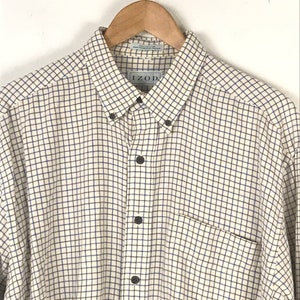 Vintage Mens Plaid Shirt, 90s Izod Cream Blue & Gray Plaid Button Down Shirt Size Large, Preppy Plaid Button Down Shirt, Plaid Mens Shirt image 3