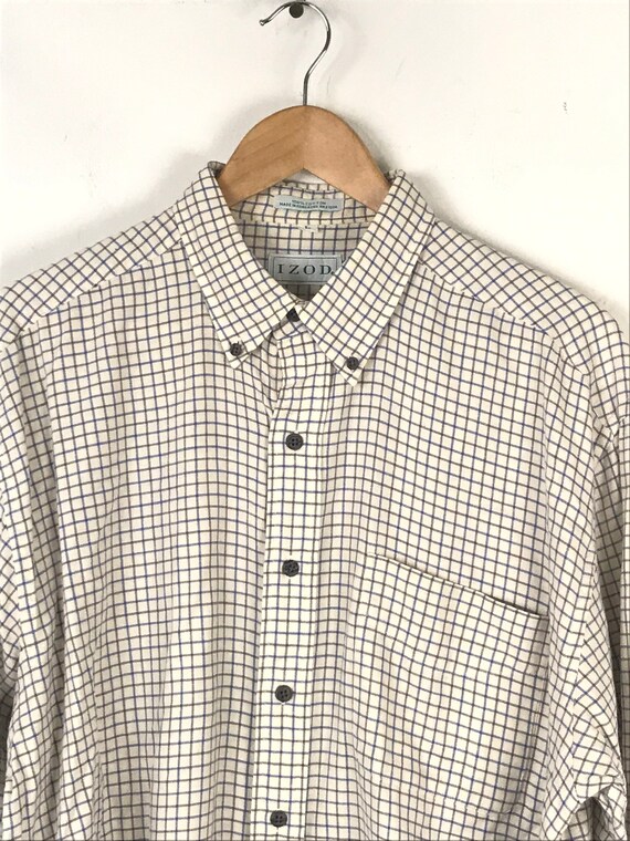 Vintage Mens Plaid Shirt, 90s Izod Cream Blue & G… - image 3