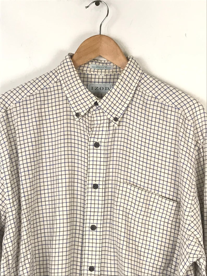 Vintage Mens Plaid Shirt, 90s Izod Cream Blue & Gray Plaid Button Down Shirt Size Large, Preppy Plaid Button Down Shirt, Plaid Mens Shirt image 3