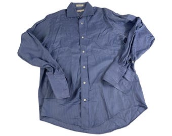 Vintage Faconnable Blau Herringbone Französische Manschetten-Kleid-Hemd | Herren L