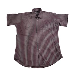 Vintage Rot & Grau gestreiftes Westernhemd Herren 17.5 XL | 1980er Jahre Westernhemd kurzarm gestreift | Schwarzes Westernhemd
