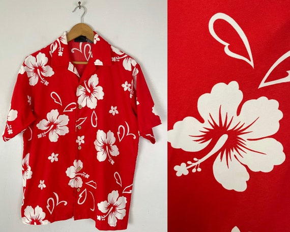 Vintage Red & White Floral Hawaiian Shirt Mens Sm… - image 1