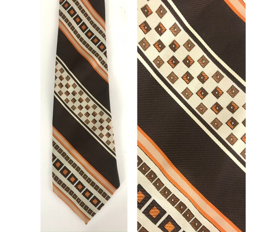 Vintage Mens Geometric Tie, 80s Brown Orange & Wh… - image 1
