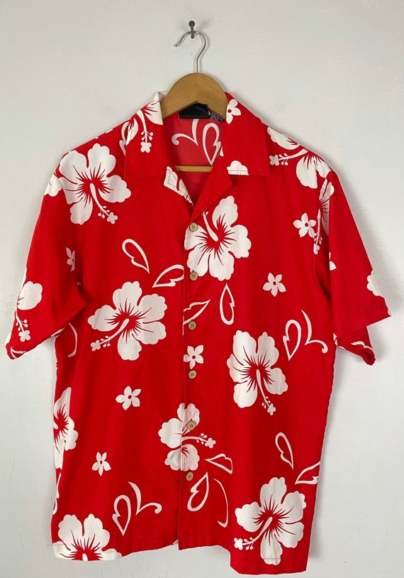 Hawaiian Shirt: 90s -Tommy Bahama- Mens red background heavy