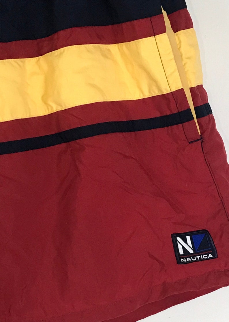 90s Nautica Red Yellow & Red Striped Short Swim Trunks Mens Size XL, Retro Swim Trunks, Short Mens Swim Trunks, Vintage Nautica, Summer image 3