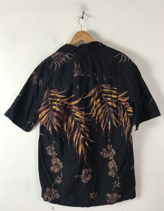 Vintage Mens Leaf Print Hawaiian Shirt, Black & B… - image 5