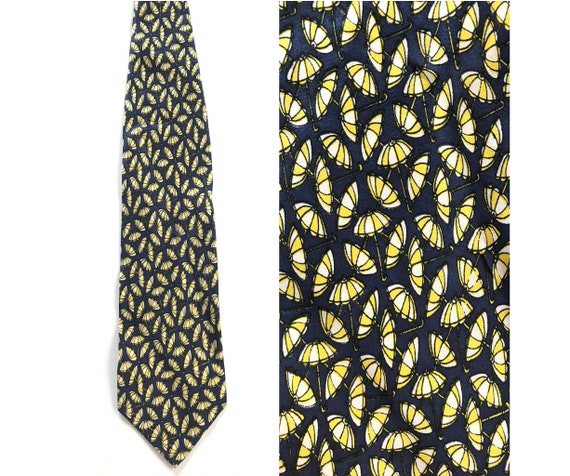 90s Blue & Yellow Umbrella Tie, Umbrella Print Ti… - image 1