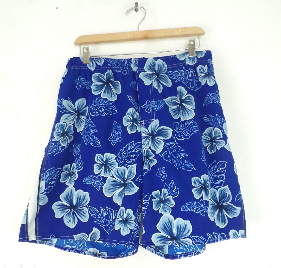Vintage Mens Floral Swim Trunks, 90s Blue Flowered Swim Trunks Size