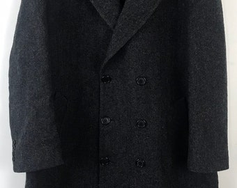80s London Fog Dark Gray Wool Tweed Over Coat Mens Size Large, Vintage Dark Gray Tweed Mens Trench Coat, Classic Winter Wool Heavy Mens Coat