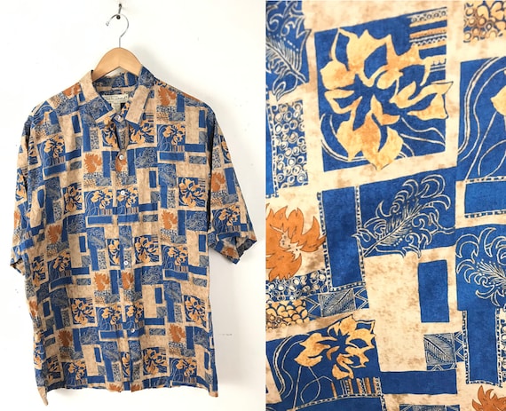 90s Tori Richard Blue Brown & Orange Leaf Print Hawaiian Shirt