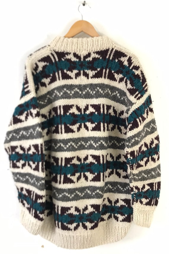 Vintage Mens Hand Knit Print Sweater Large, Cream… - image 5