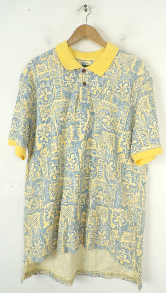 Vintage Mens Hawaiian Print Polo, 90s Yellow & Bl… - image 2