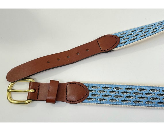 Vintage Light Blue Fish Print Leather Belt Mens Size 40, Hand Made