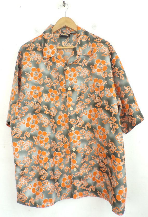 Vintage Hawaiian Shirt Mens 2XL, Orange & gray Fl… - image 2