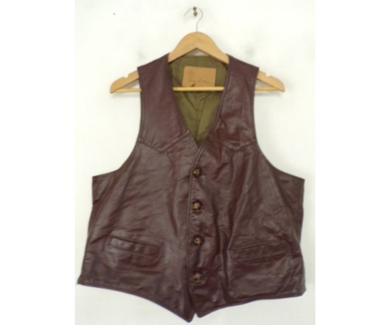 80s Brown Leather Vest Mens Large, Genuine Leather