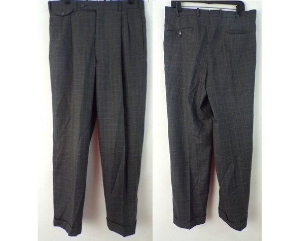 80s Gray & Blue Plaid Dress Pants Mens Size 34x30,