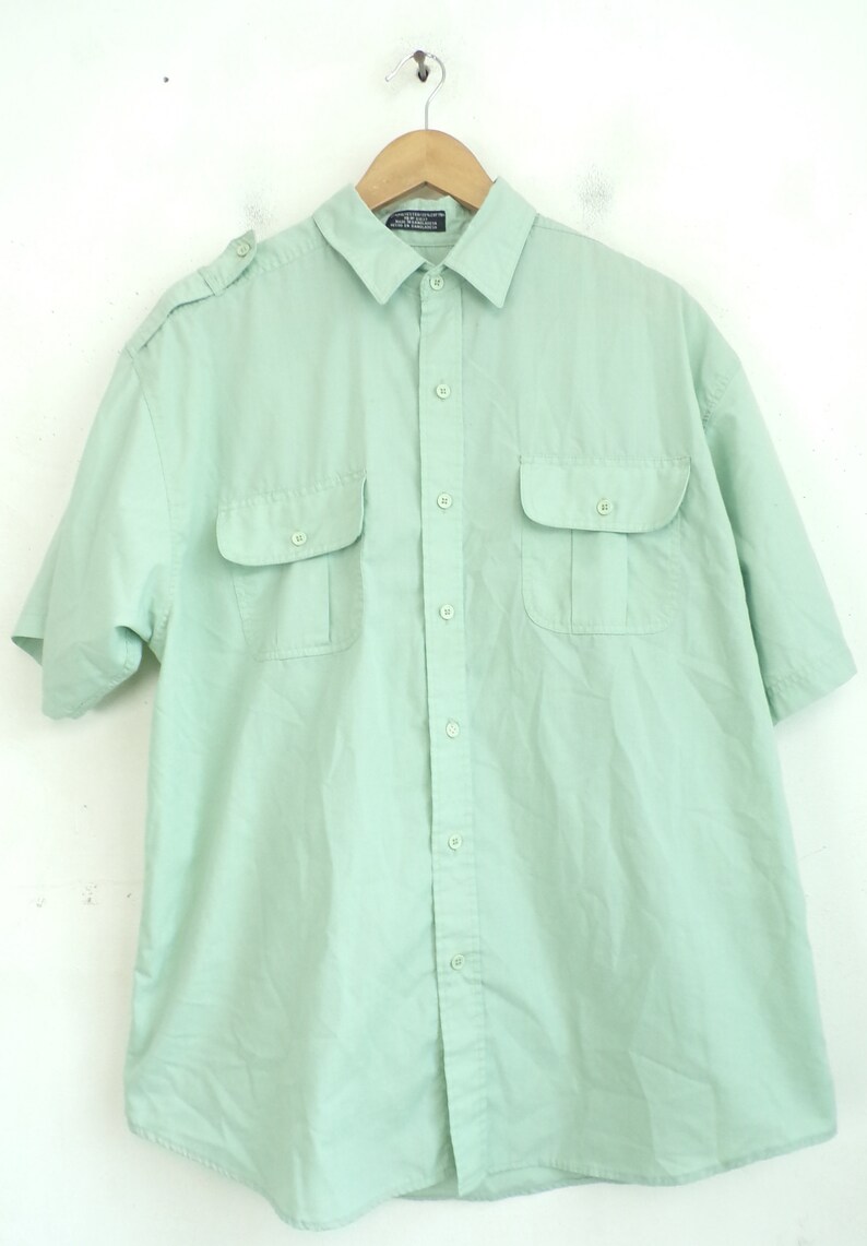 Light Green Shirt Retro Green Shirt 90s Light Green Short Sleeve Button Down Shirt Mens Large Vintage Mens Button Down Shirt