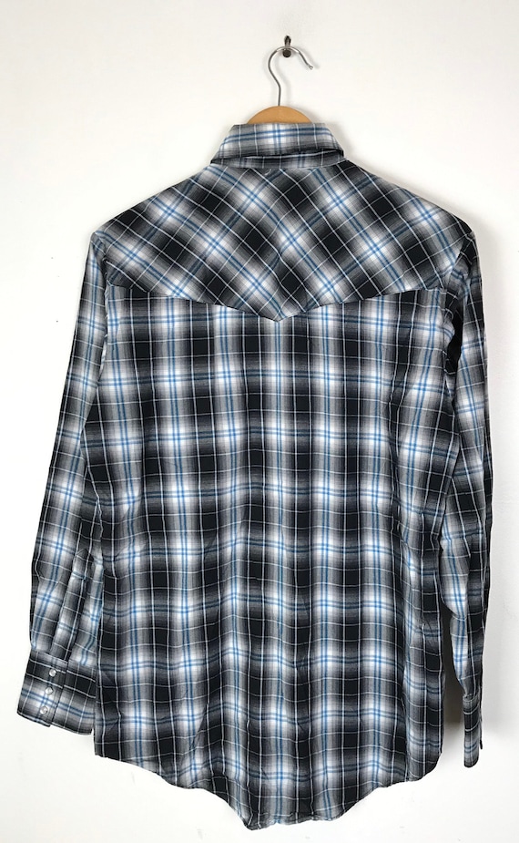 Vintage Black & Blue Plaid Western Shirt Mens Sma… - image 6