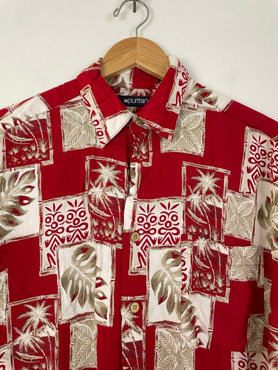 90s Red & Brown Leaf Palm Tree Hawaiian Shirt Men… - image 3