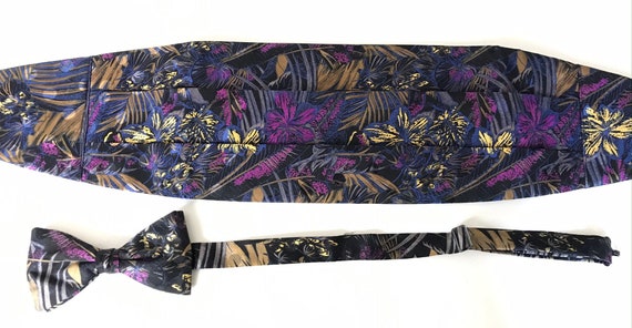 Vintage Purple Blue Yellow Floral Cummerbund & Bow