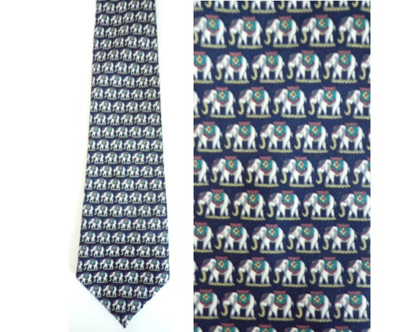 90s Elephant Print Tie, Navy Blue Print Tie, Vint… - image 1