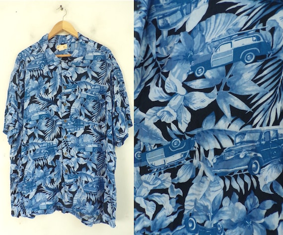 Vintage Floral Hawaiian Shirt Blue Print Mens 3XL
