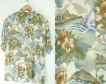Vintage Mens Sailboat Hawaiian Shirt, 1990s Tan Blue Beach Mountain Hawaiian Shirt Medium, Floral Hawaiian Shirt,Summer Shirt, Hawaii,Floral