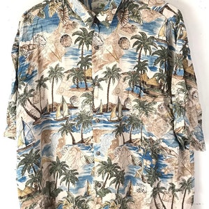 90er Jahre Insel Abenteuer Hawaiihemd Herren XXL, Palmen Schatzkarten Segelboote Hemd, Insel Strand Urlaub Sommer Hawaiihemd