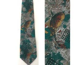 90s Silver Green Orange & Yellow Abstract Print Tie, Abstract Print Tie, Retro Tie, Artsy Tie, Retro Print, Abstract Necktie, Colorful