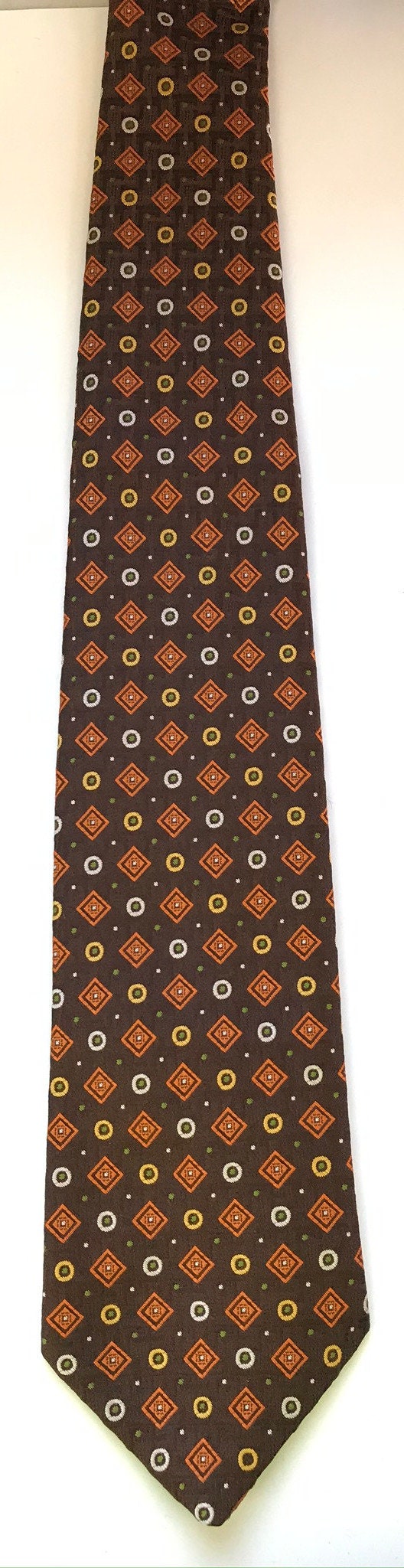 70s Wembley Brown Orange & Yellow Geometric Wide Tie, Vintage Polyester Mens Wide Necktie, 1970s Dark Brown Geometric Print Tie
