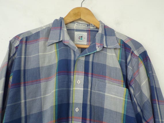 Vintage Blue Plaid Shirt, Blue Plaid Button Down … - image 4