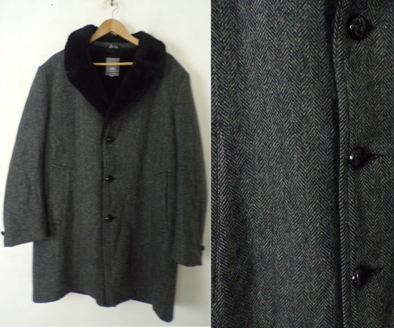 Vintage Mens Tweed Faux Fur Coat, Gray Coat Size … - image 1