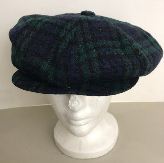 70s Blue & Green Plaid Newsboy Hat, Preppy Plaid N