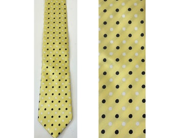90s Light Yellow White & Black Polka Dot Tie, Preppy Polka Dot Necktie, Light Yellow Polka Dot Print Tie, Business Work Formal Event
