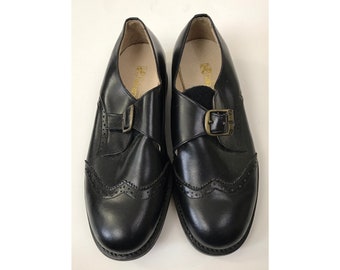 Vintage Mens Wingtip Shoes, 1970s Black Leather Buckle Front Wingtip Oxfords Size 6.5, Black Dress Shoes, Genuine Leather Wingtip Oxfords