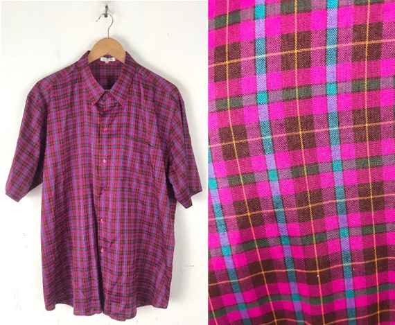 Vintage Mens Plaid Shirt, Hot Pink & Blue Plaid B… - image 1