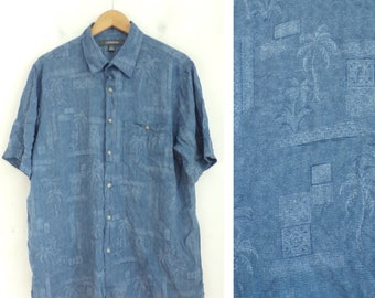 Vintage Mens Hawaiian Shirt,Mens Large Short Sleeve Shirt, Blue Palm Tree Shirt, Blue Hawaiian Shirt, Summer Beach Shirt, 90s Hawaiian Shirt