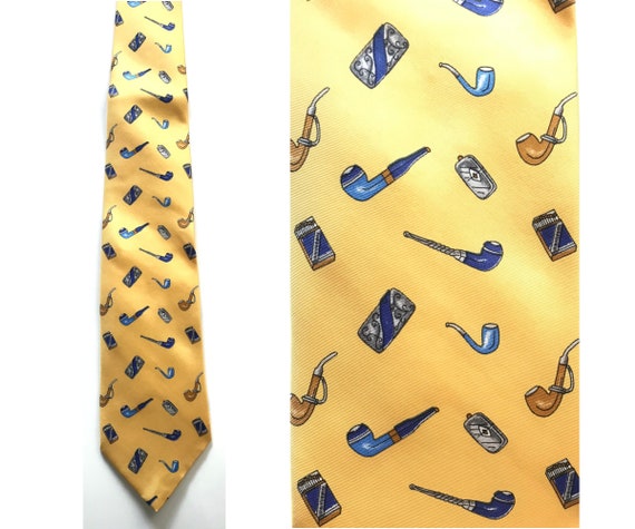 Vintage Yellow Pipes & Cigarettes Tie, Smoking Pip
