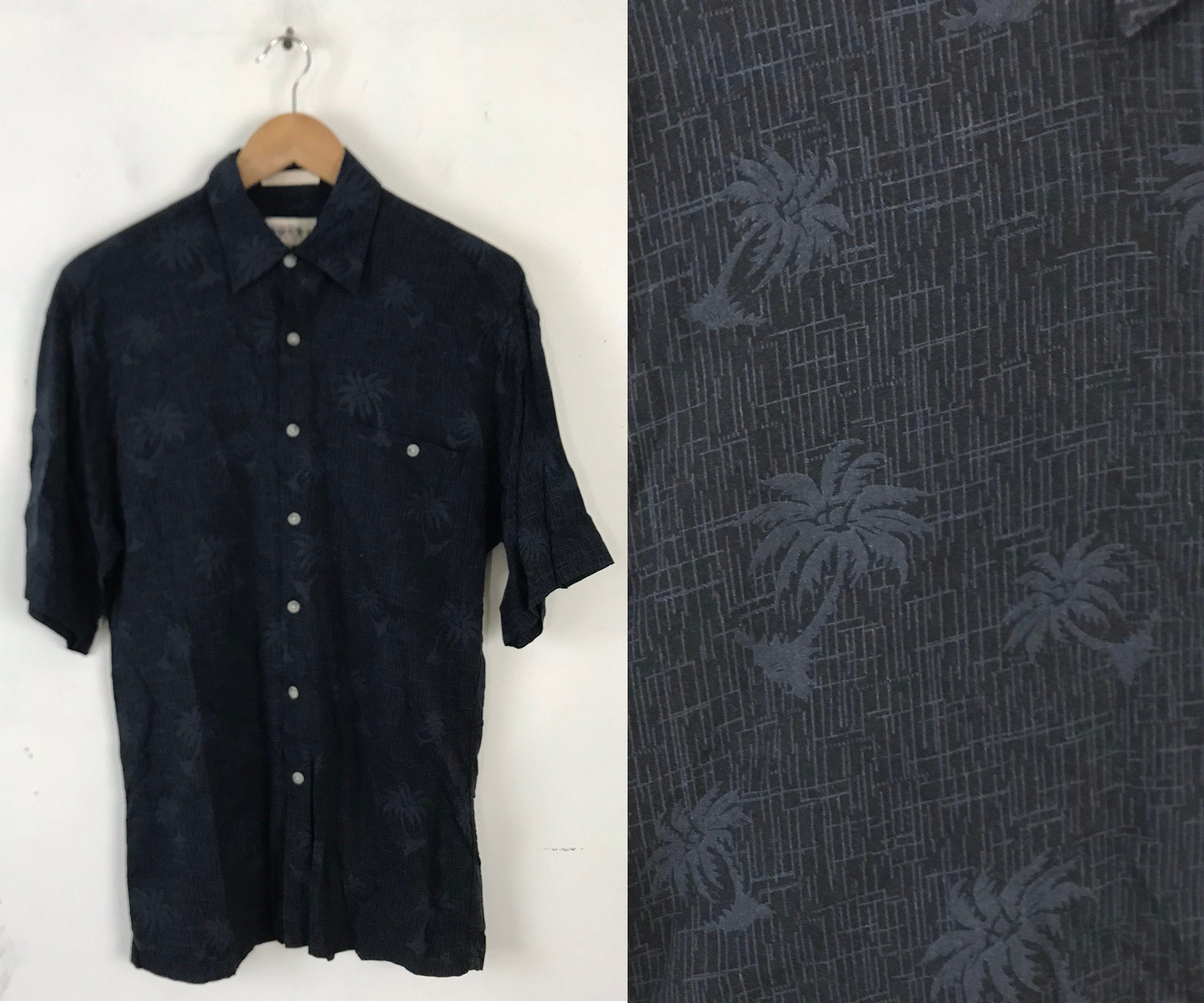 90s Black Palm Tree Hawaiian Shirt Mens 