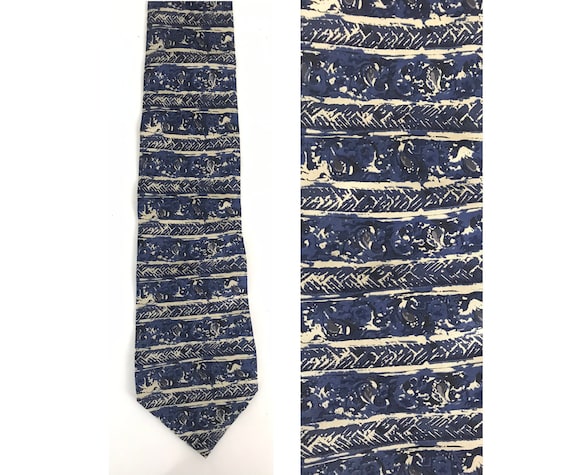 90s Blue & Cream Abstract Print Tie, Print Neckti… - image 1