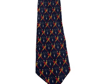 May include: A navy blue silk tie with a repeating pattern of red and yellow figures fishing. The figures are silhouetted against a blue background.