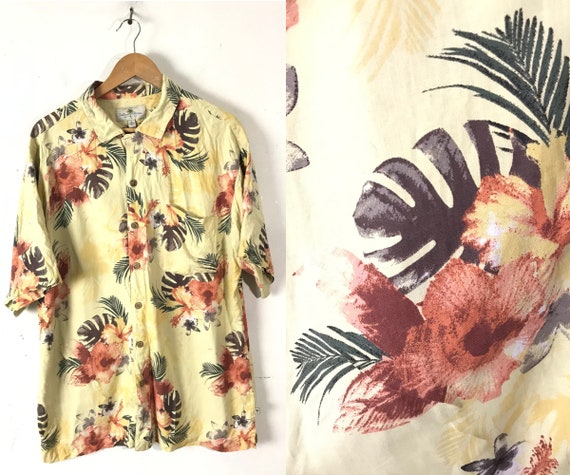 90s Yellow & Orange Floral Silk Hawaiian Shirt Men