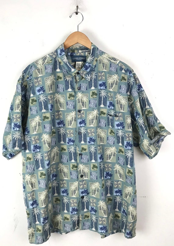 90s Blue & Green Palm Tree Print Hawaiian Shirt M… - image 2