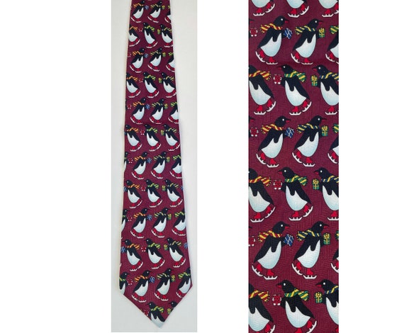 Vintage Ice Skating Penguins Tie, Christmas Holiday Winter Necktie, Cute Fun Ice Skating Penguins, Christmas Gifts Holiday