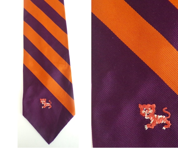 Vintage Orange & Purple Cat Tie, Wide Tie, Striped