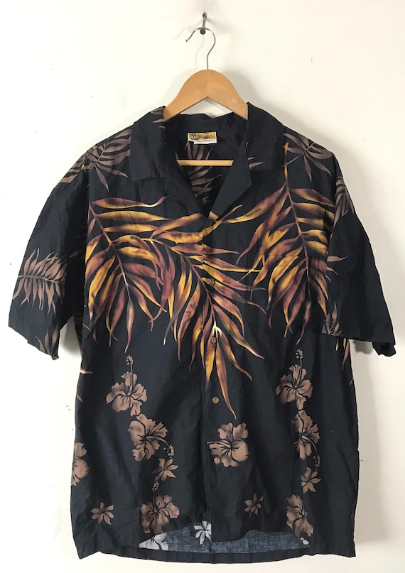 Vintage Mens Leaf Print Hawaiian Shirt, Black & B… - image 2