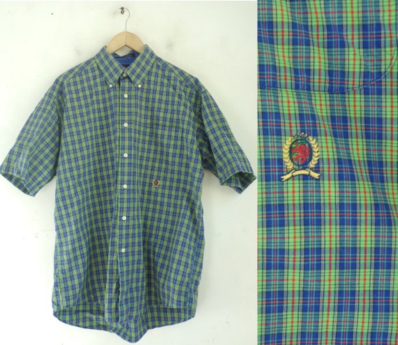 Vintage Tommy Hilfiger Blue Green & Red Plaid Shi… - image 1