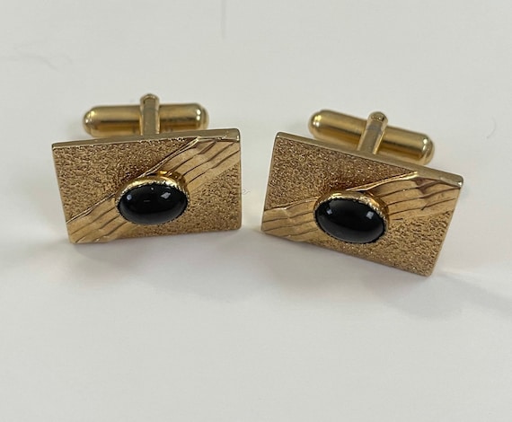 Boutons De Manchette Vintage Rectangles Noirs Sur Laiton Doré – Occasion Bon état