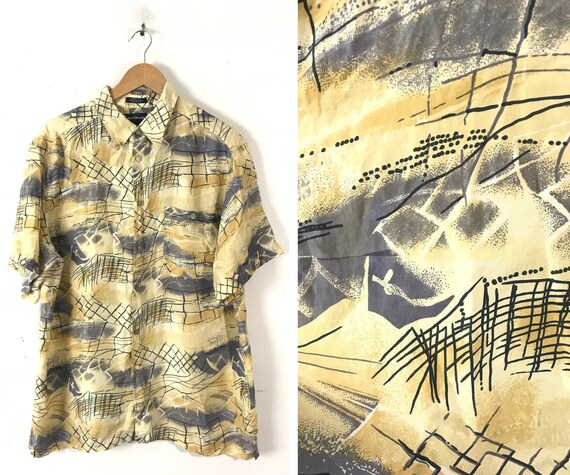 90s Yellow & Gray Abstract Print Silk Shirt Mens L